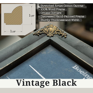 Vintage Black frame corner detail, 1.5 inch ornate wood moulding, Boeing 737 Blueprint Aviation Print