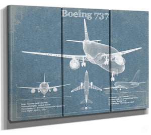 36" x 24" / 3 Panel Canvas Wrap Cutler West Boeing 737 Vintage Aviation Blueprint Print - Custom Pilot Name Can Be Added