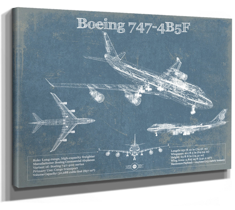 14" x 11" / Stretched Canvas Wrap Cutler West Boeing 747-4B5F Vintage Aviation Blueprint Print - Custom Pilot Name Can Be Added