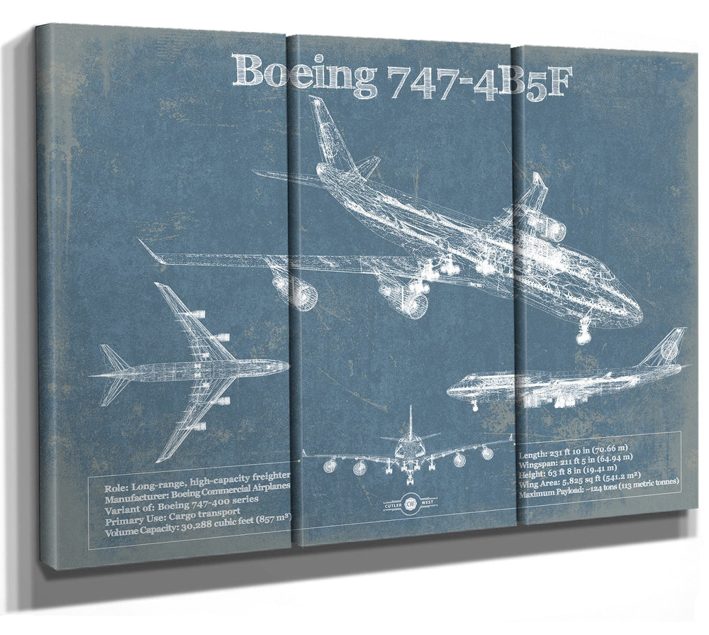 14" x 11" / Stretched Canvas Wrap Cutler West Boeing 747-4B5F Vintage Aviation Blueprint Print - Custom Pilot Name Can Be Added