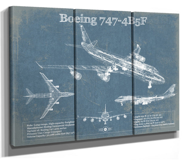 36" x 24" / 3 Panel Canvas Wrap Cutler West Boeing 747-4B5F Vintage Aviation Blueprint Print - Custom Pilot Name Can Be Added