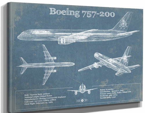 14" x 11" / Stretched Canvas Wrap Cutler West Boeing 757-200 Vintage Original Blueprint Art Print - Custom Pilot Name Can Be Added
