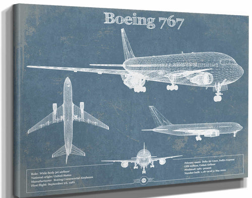 14" x 11" / Stretched Canvas Wrap Cutler West Boeing 767 Vintage Aviation Blueprint Print - Custom Pilot Name Can Be Added