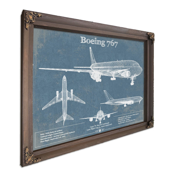 Boeing 767 Blueprint Aviation Print in a Bourbon stained wood frame with antique gold corners