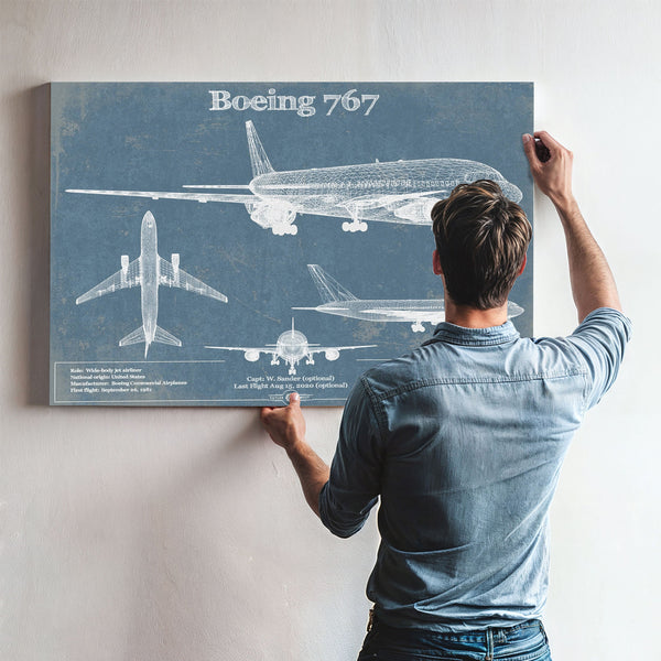 Boeing 767 Blueprint Aviation Print framed in Vintage Black above a mid-century record console
