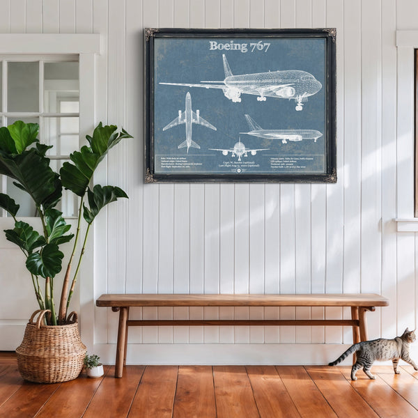 Boeing 767 Blueprint Aviation Print framed in Vintage Black above a rustic console table