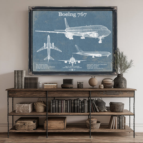 Boeing 767 Blueprint Aviation Print canvas print size guide 24x18 36x24 48x36 inches