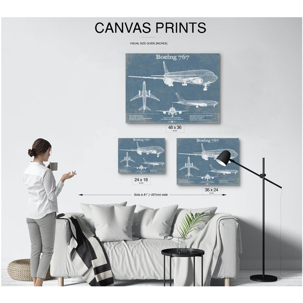 Boeing 767 Blueprint Aviation Print displayed on a wall