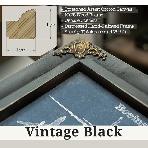 Vintage Black frame corner detail, 1.5 inch ornate wood moulding, Boeing 767 Blueprint Aviation Print