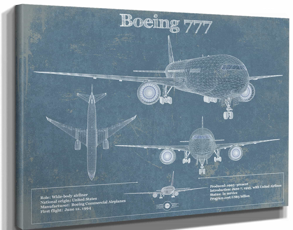14" x 11" / Stretched Canvas Wrap Cutler West Boeing 777 Vintage Aviation Blueprint Print - Custom Pilot Name Can Be Added