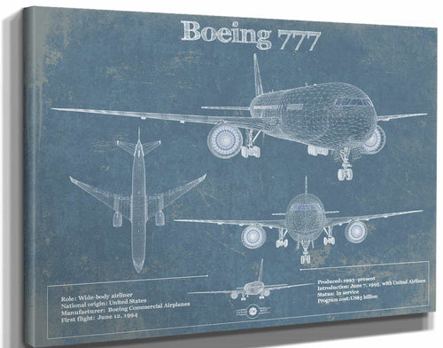 14" x 11" / Stretched Canvas Wrap Cutler West Boeing 777 Vintage Aviation Blueprint Print - Custom Pilot Name Can Be Added