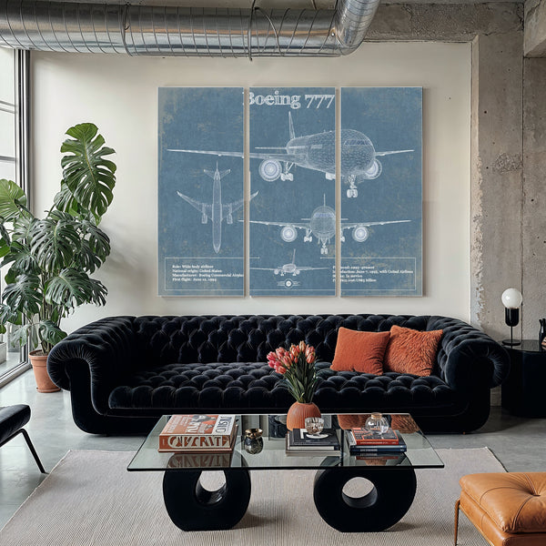 Boeing 777 Blueprint Aviation Print as a 3 panel canvas wrap in a modern living room