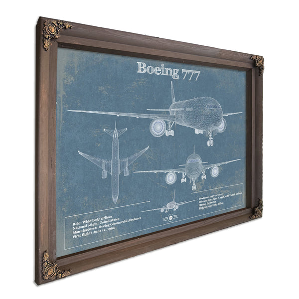 Boeing 777 Blueprint Aviation Print in a Bourbon stained wood frame with antique gold corners