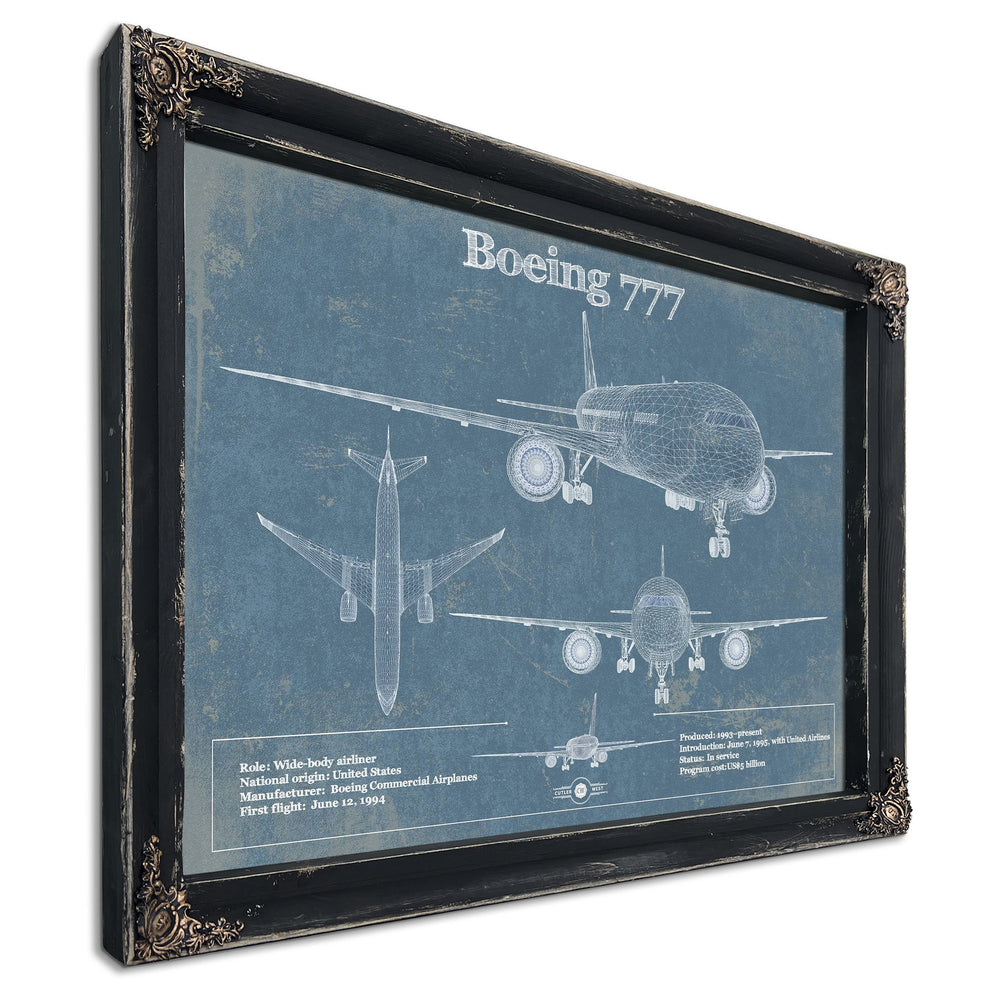 Boeing 777 Blueprint Aviation Print in a distressed Vintage Black wood frame with ornate corners
