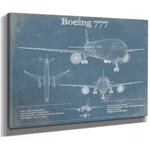 Boeing 777 Blueprint Aviation Print as a stretched canvas wrap with gallery wrapped edges