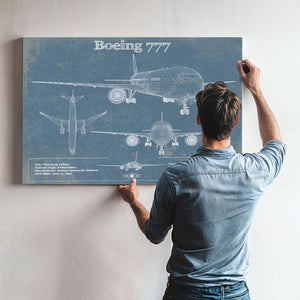Boeing 777 Blueprint Aviation Print framed in Vintage Black above a mid-century record console