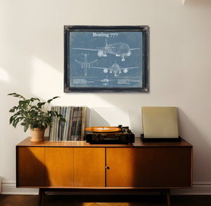 Boeing 777 Blueprint Aviation Print framed in Vintage Black in a loft bedroom