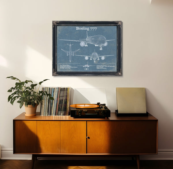 Boeing 777 Blueprint Aviation Print framed in Vintage Black in a loft bedroom