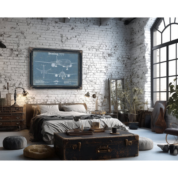 Boeing 777 Blueprint Aviation Print framed in Vintage Black in a farmhouse entryway