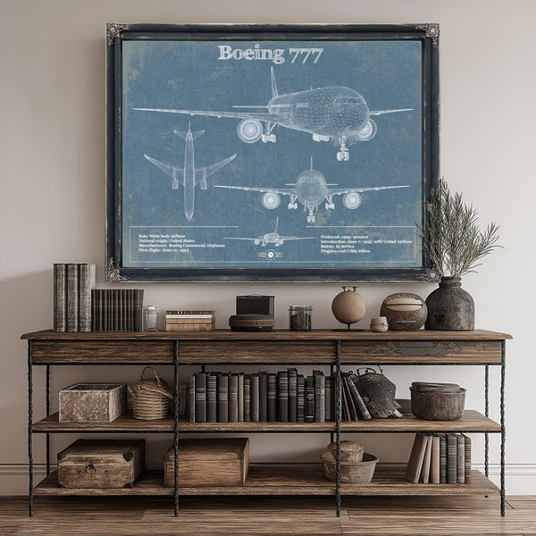 Boeing 777 Blueprint Aviation Print canvas print size guide 24x18 36x24 48x36 inches