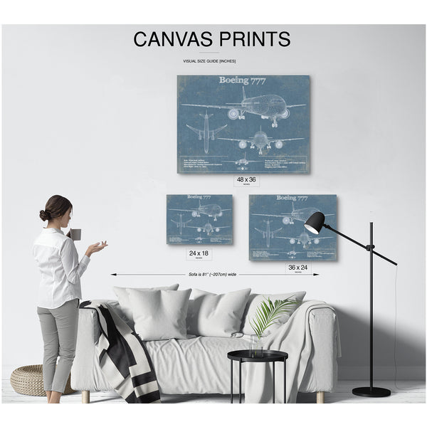 Boeing 777 Blueprint Aviation Print displayed on a wall