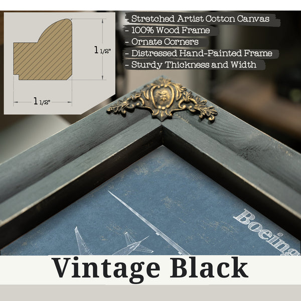 Vintage Black frame corner detail, 1.5 inch ornate wood moulding, Boeing 777 Blueprint Aviation Print