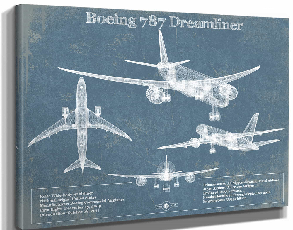 14" x 11" / Stretched Canvas Wrap Cutler West Boeing 787 Dreamliner Vintage Aviation Blueprint Print - Custom Pilot Name Can Be Added