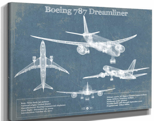 14" x 11" / Stretched Canvas Wrap Cutler West Boeing 787 Dreamliner Vintage Aviation Blueprint Print - Custom Pilot Name Can Be Added