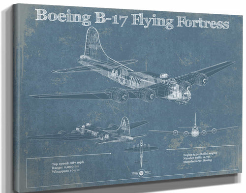 14" x 11" / Stretched Canvas Wrap Cutler West Boeing B-17 Flying Fortress  Vintage Aviation Blueprint - Custom Pilot Name Can Be Added