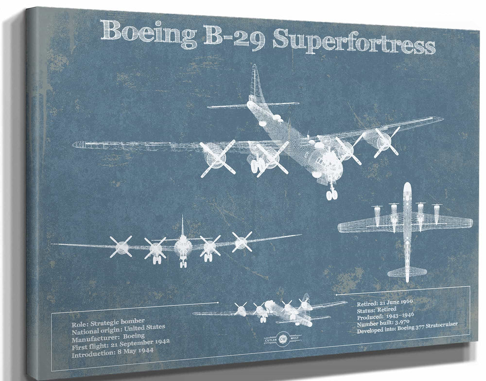 14" x 11" / Stretched Canvas Wrap Cutler West Boeing B-29 Superfortress Patent Blueprint Original Military Wall Art
