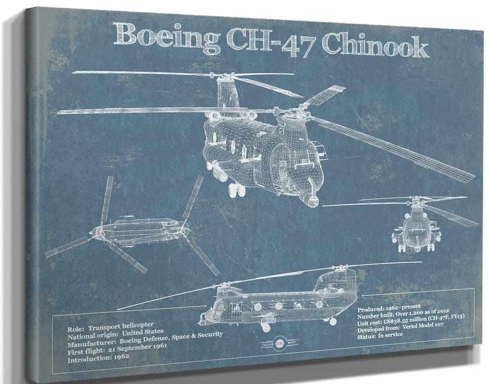 14" x 11" / Stretched Canvas Wrap Cutler West Boeing CH-47 Chinook Helicopter Vintage Aviation Blueprint Military Print - Custom Pilot Name Can Be Added