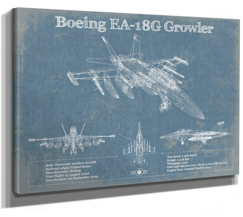 14" x 11" / Stretched Canvas Wrap Cutler West Boeing EA-18G Growler Vintage Aviation Blueprint Military Print - Custom Pilot Name Can Be Added