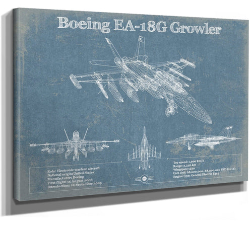 14" x 11" / Stretched Canvas Wrap Cutler West Boeing EA-18G Growler Vintage Aviation Blueprint Military Print - Custom Pilot Name Can Be Added