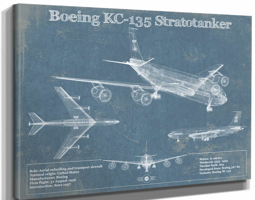 14" x 11" / Stretched Canvas Wrap Cutler West Boeing KC-135 Stratotanker Aviation Blueprint Print - Custom Pilot Name Can Be Added