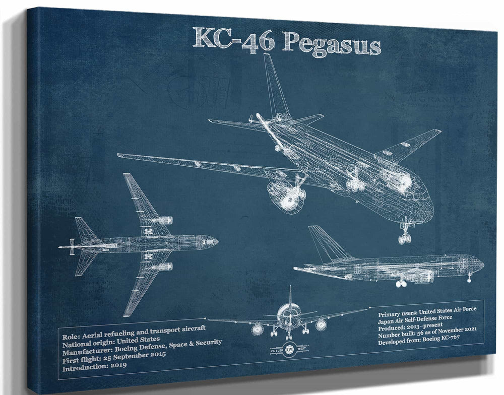 14" x 11" / Stretched Canvas Wrap Cutler West Boeing KC-46 Pegasus Vintage Aviation Blueprint Print - Custom Pilot Name Can Be Added