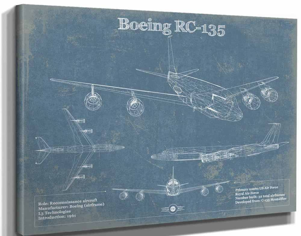 14" x 11" / Stretched Canvas Wrap Cutler West Boeing RC-135 Aviation Blueprint Print - Custom Pilot Name Can Be Added