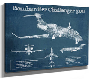 14" x 11" / Stretched Canvas Wrap Cutler West Bombardier Challenger 300 Vintage Aviation Blueprint Print - Custom Pilot Name can be Added
