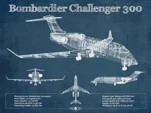 14" x 11" / Unframed Cutler West Bombardier Challenger 300 Vintage Aviation Blueprint Print - Custom Pilot Name can be Added