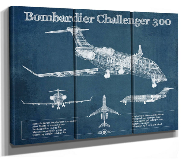 36" x 24" / 3 Panel Canvas Wrap Cutler West Bombardier Challenger 300 Vintage Aviation Blueprint Print - Custom Pilot Name can be Added