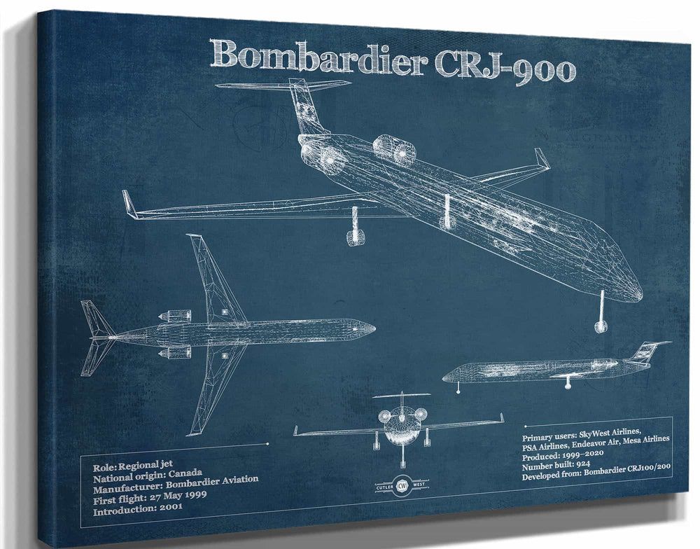 14" x 11" / Stretched Canvas Wrap Cutler West Bombardier CRJ-900 Vintage Aviation Blueprint Print - Custom Pilot Name can be Added
