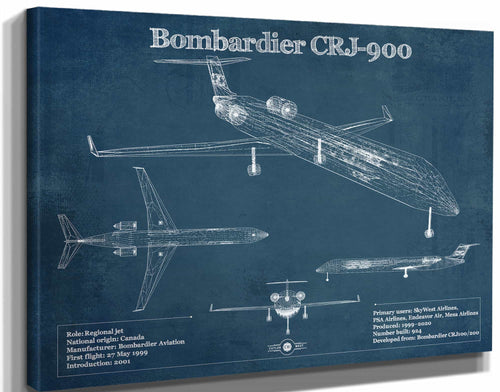 14" x 11" / Stretched Canvas Wrap Cutler West Bombardier CRJ-900 Vintage Aviation Blueprint Print - Custom Pilot Name can be Added