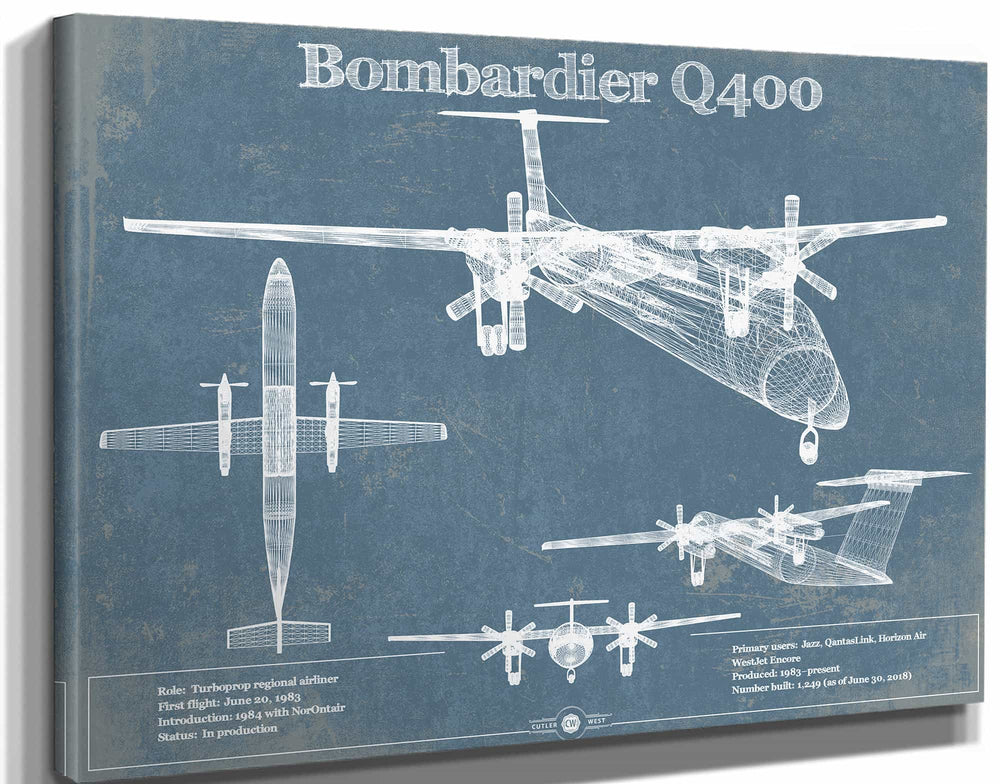 14" x 11" / Stretched Canvas Wrap Cutler West Bombardier Dash 8 - Q400 Vintage Aviation Blueprint Print