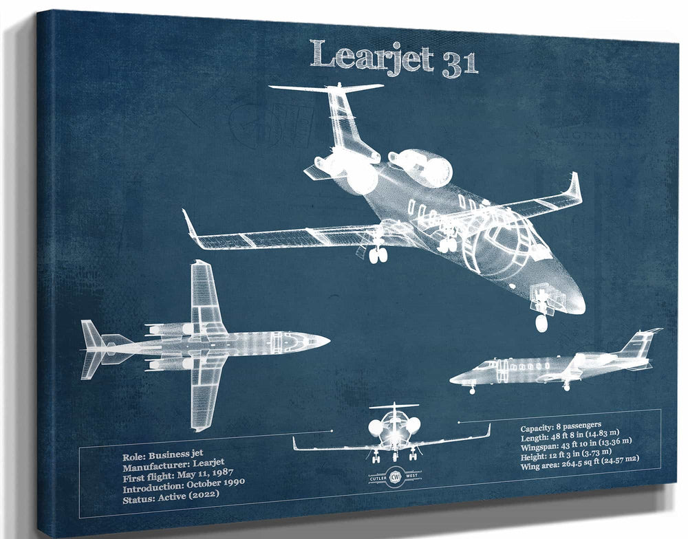 14" x 11" / Stretched Canvas Wrap Cutler West Bombardier Learjet 31 (31A) Vintage Blueprint Airplane Print