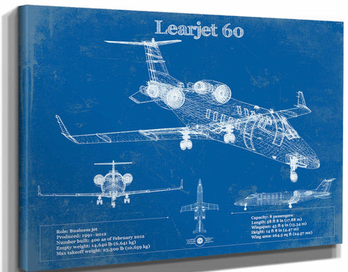 14" x 11" / Stretched Canvas Wrap Cutler West Bombardier Learjet 60 Vintage Blueprint Airplane Print