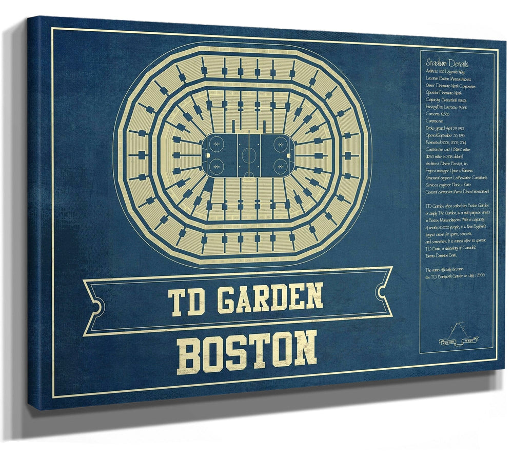 14" x 11" / Stretched Canvas Wrap Cutler West Boston Bruins - TD Garden Vintage Hockey Blueprint NHL Print