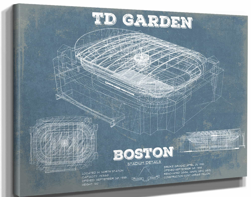 14" x 11" / Stretched Canvas Wrap Cutler West Boston Bruins - TD Garden Vintage Hockey Blueprint NHL Print