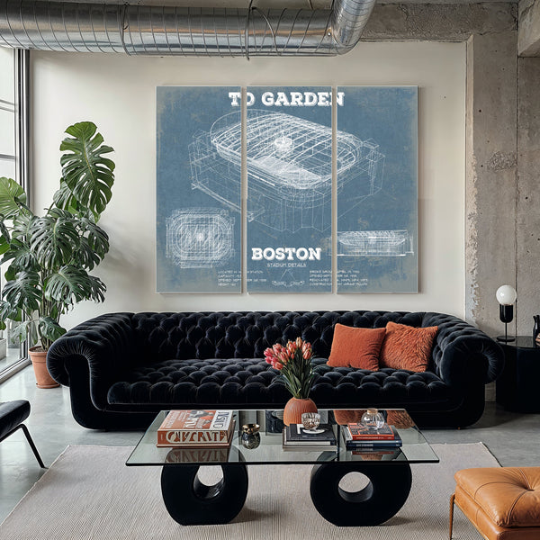 Boston Bruins - TD Garden Hockey Blueprint NHL Print as a 3 panel canvas wrap in a modern living room