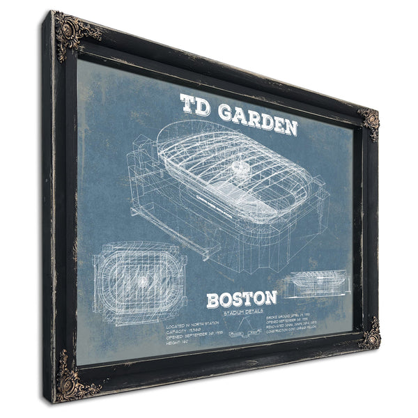 Boston Bruins - TD Garden Hockey Blueprint NHL Print in a distressed Vintage Black wood frame with ornate corners