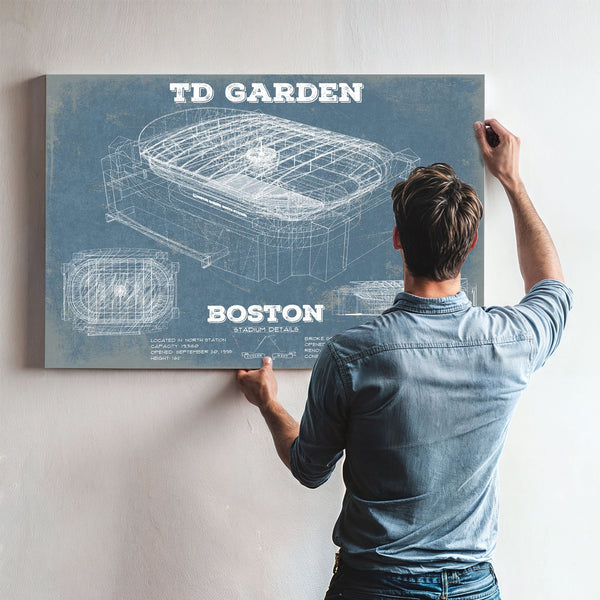 Boston Bruins - TD Garden Hockey Blueprint NHL Print framed in Vintage Black above a mid-century record console