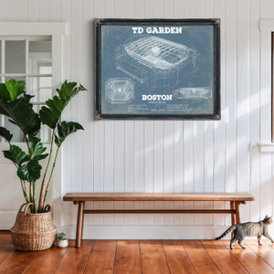 Boston Bruins - TD Garden Hockey Blueprint NHL Print framed in Vintage Black above a rustic console table